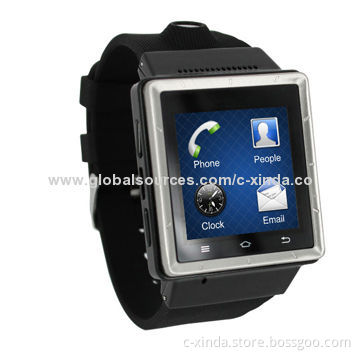 Smart Android watch phone with Android OS v4.04, MTK6577 CPU, and built-in GPS and 2.0MP camera